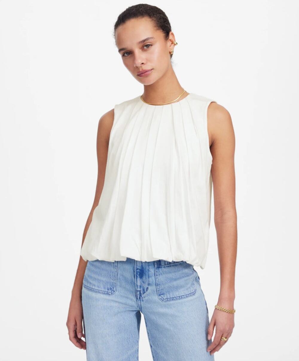 Madewell Sleeveless Crew Neck Bubble Top XL White Pullover Lined Stretch Cotton